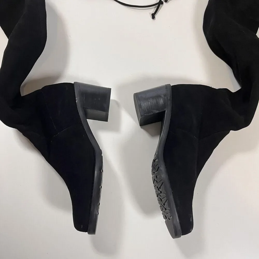 Stuart Weitzman Suede Tieland Boots 8 Black Over The Knee Chunky Block Heel